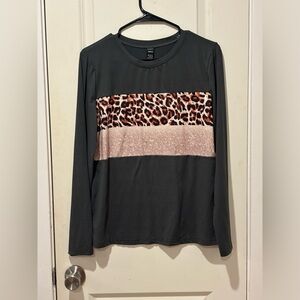 Chic Black and Leopard Print Long Sleeve Top